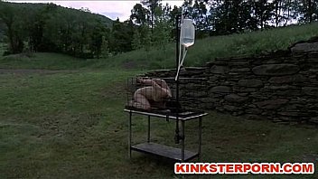 Outdoor BDSM Cage Locked Enema Slave